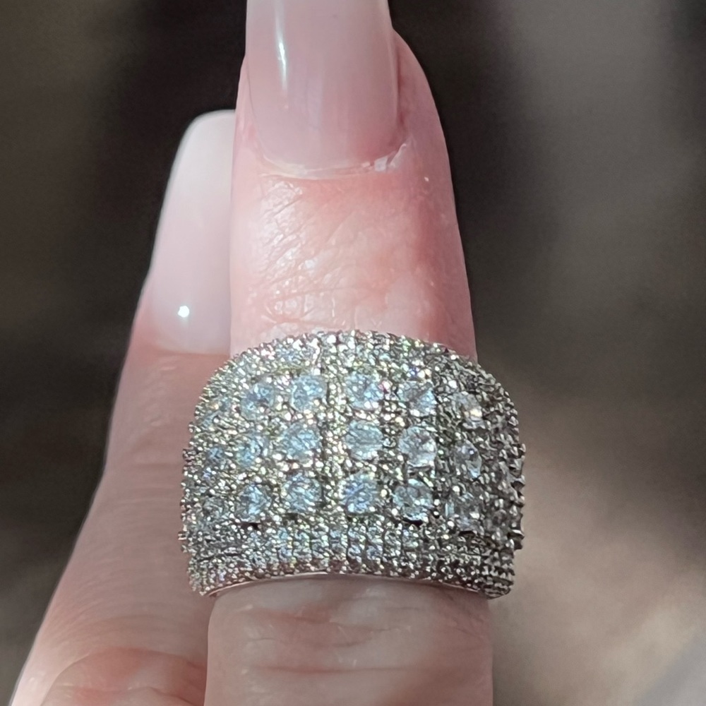 Silver cubic zirconia pave wide wedding band ring